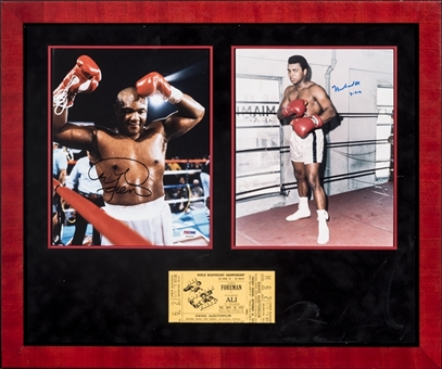 Muhammad Ali and George Foreman Single Signed Photograph In Framed 18 1/2 x 22 Display with Fight Ticket (JSA & PSA/DNA) 